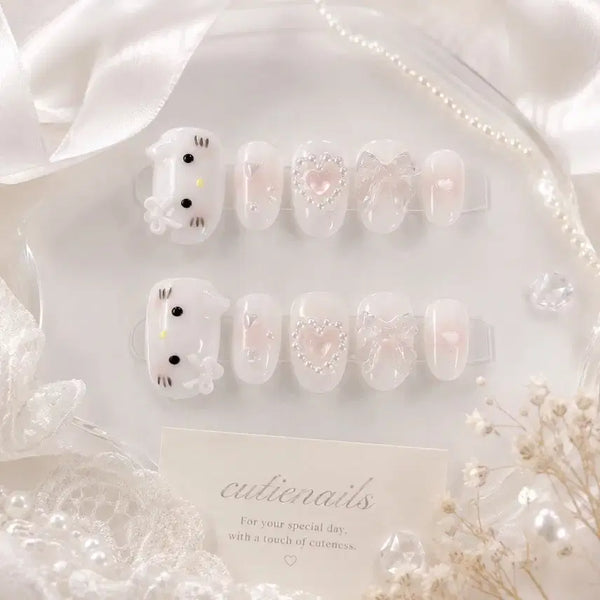 [BUNJANG] Handmade Kitty Chic White Syrup Gel Nail Tips / 여리여리 키티 치크 화이트 시럽젤 수제네일팀