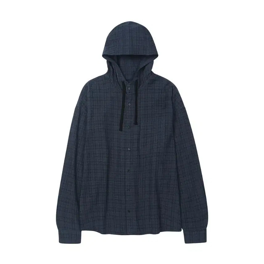 [BUNJANG] Second Monologue Check Hooded Shirt Navy L / 세컨모놀로그 체크 후디드 셔츠 네이비 L
