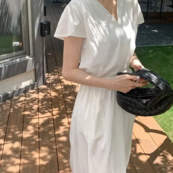 [BUNJANG] White V-neck Short-Sleeve Long Dress / 화이트 브이넥 반팔 원피스