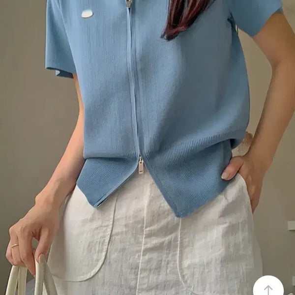 [BUNJANG] Zip-Up Collar Knit M Sky Blue / 새상품 집업 카라 니트 m
