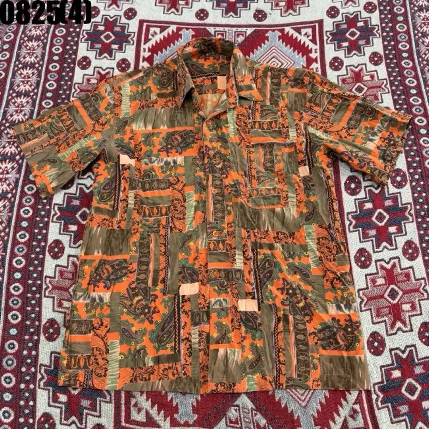 [BUNJANG] Playboy Patchwork Short Sleeve Shirt Orange Brown / 플레이보이 패치워크 반팔 셔츠 오렌지 브라운