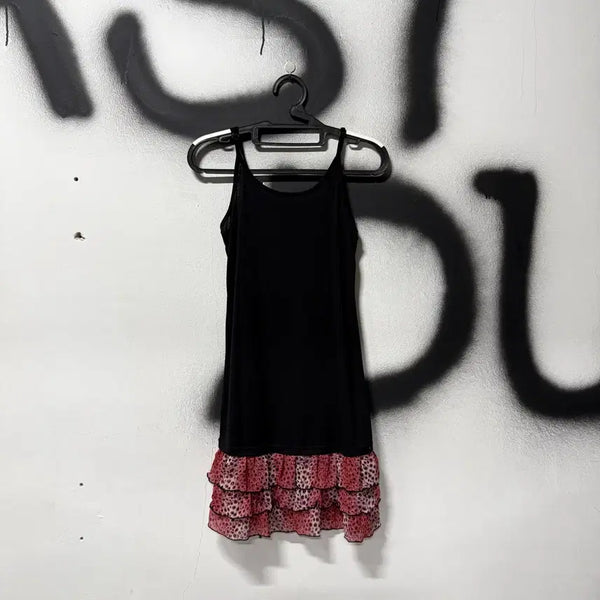 [BUNJANG] Vintage Gothic Punk Black Red Leopard Ruffle Camisole / VTG 빈티지 고스펑크 블랙 레드 레오파드 큐빅 캉캉 슬리브리스