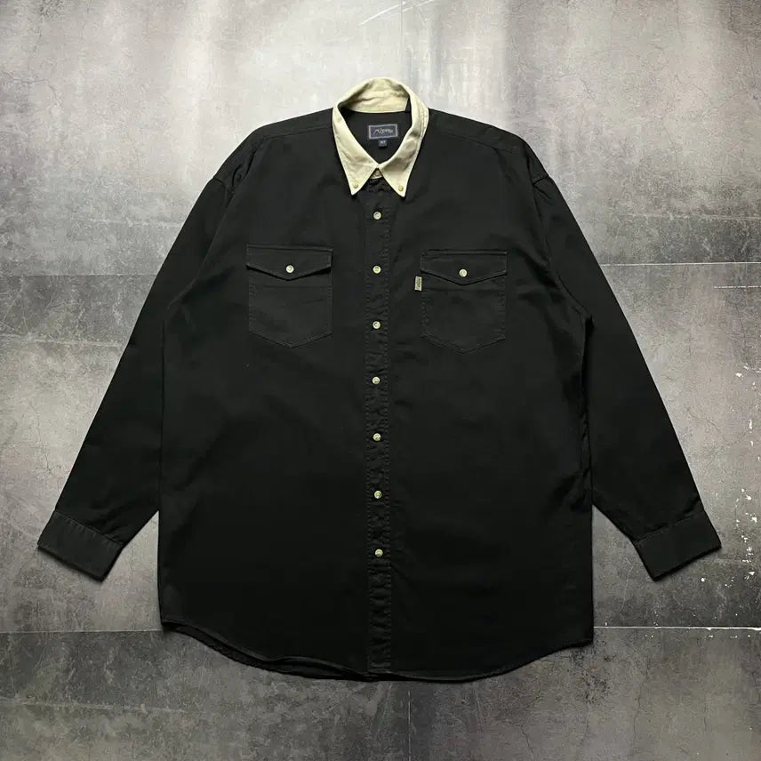 [BUNJANG] Roper Two-Tone Collar Flap Pocket Black Shirt / ROPER 로퍼 플랩포켓 투톤카라 블랙셔츠 A01439
