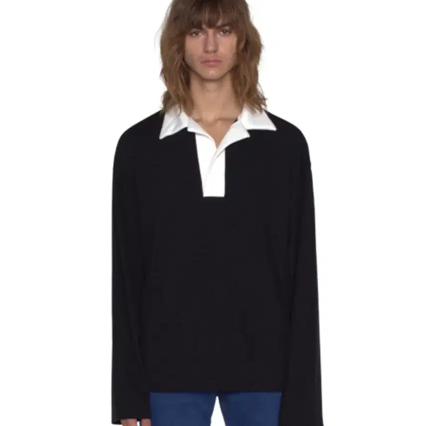 [BUNJANG] BTS V Oversized Collared Rugby Shirt - Black / 뷔엘 카라 긴팔티 (BTS V착용)