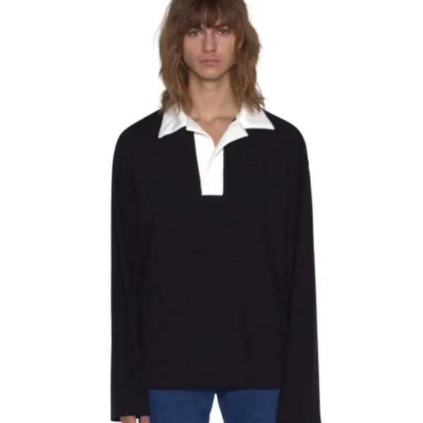 [BUNJANG] BTS V Oversized Collared Rugby Shirt - Black / 뷔엘 카라 긴팔티 (BTS V착용)