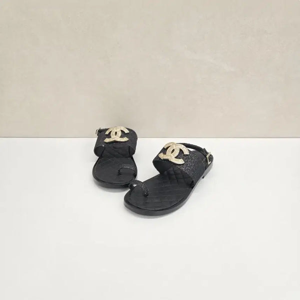 [BUNJANG] Chanel CC Logo Gold Black Strap Sandals Size 36 / 샤넬 CC로고 금장 블랙 스트랩 샌들 36