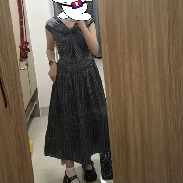 [BUNJANG] Check Pattern Ribbon Midi Dress / 체크 패턴 리본 원피스