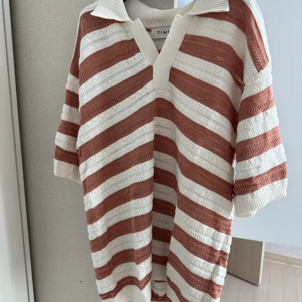 [BUNJANG] Time Homme Striped Collar T-Shirt / 타임옴므 스트라이프 카라티 한섬