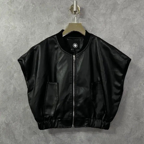 [BUNJANG] Black Leather Aviator Bomber Jumper Vest / 레더 항공 점퍼 조끼 블랙