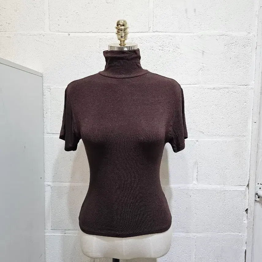 [BUNJANG] Slim Fit Turtleneck Short Sleeve Top - Brown / 허리라인 얇은재질의 목폴라 반팔- 브라운