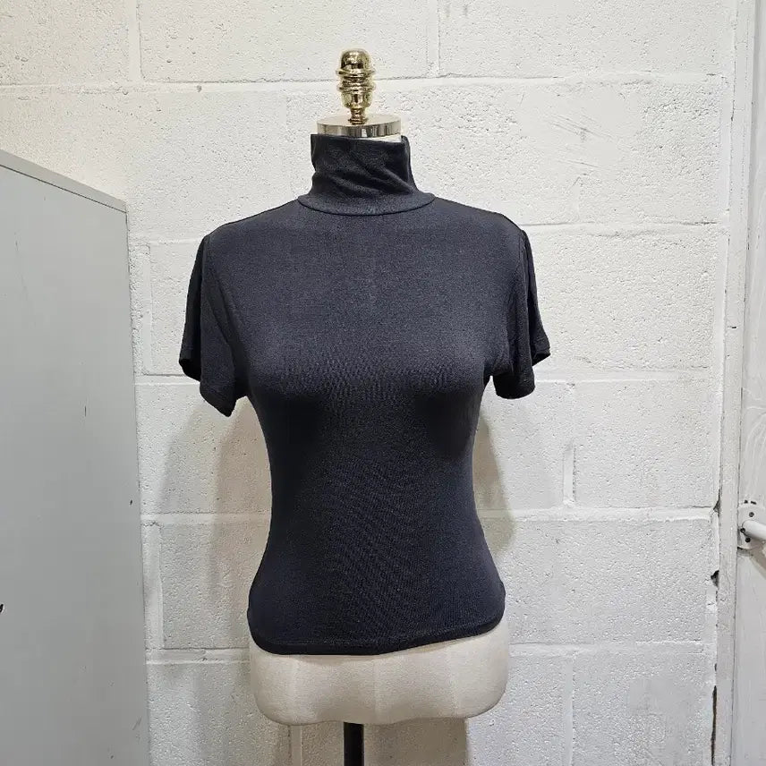 [BUNJANG] Thin Material Turtleneck Short Sleeve Top - Charcoal / 허리라인 얇은재질의 목폴라 반팔- 차콜