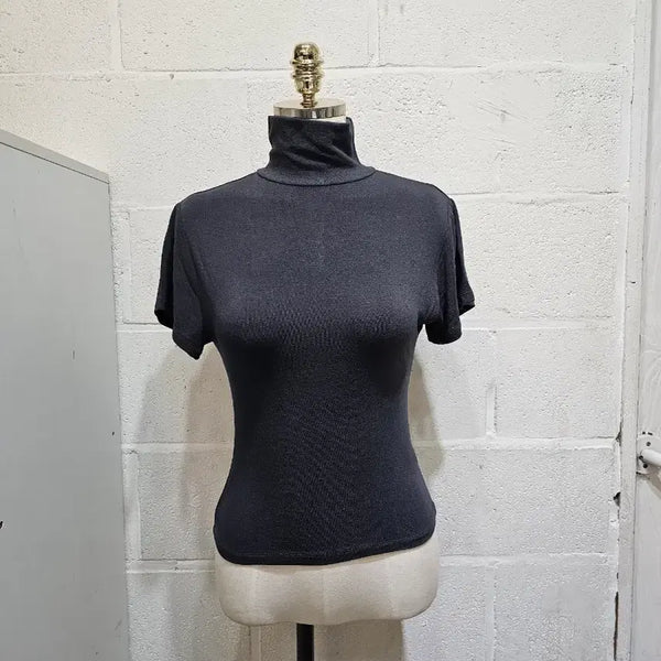 [BUNJANG] Thin Material Turtleneck Short Sleeve Top - Charcoal / 허리라인 얇은재질의 목폴라 반팔- 차콜