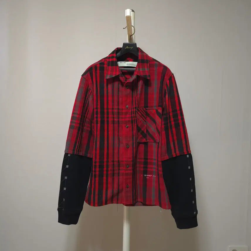 [BUNJANG] Off-White Jersey Sleeve Layered Check Shirt L / 오프화이트 저지 슬리브 레이어드 체크 셔츠