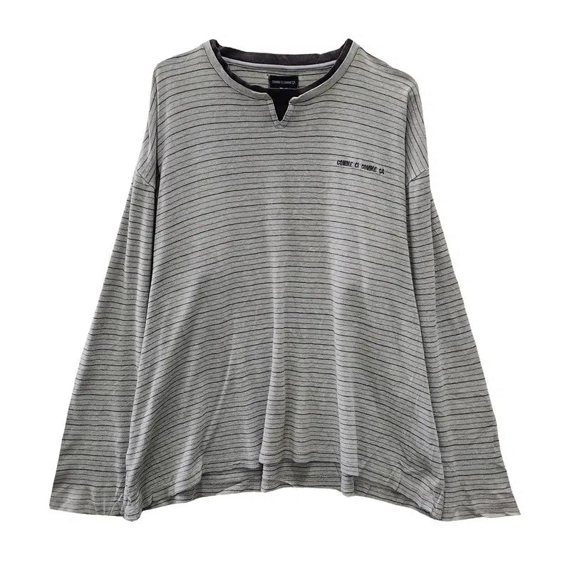 [BUNJANG] COMME CI COMME CA Layered Open Neck Striped Long Sleeve Light Grey T-Shirt L / COMME CI COMME CA 레이어드 오픈넥 스트라이프 라이트 그레이 긴팔 티 L