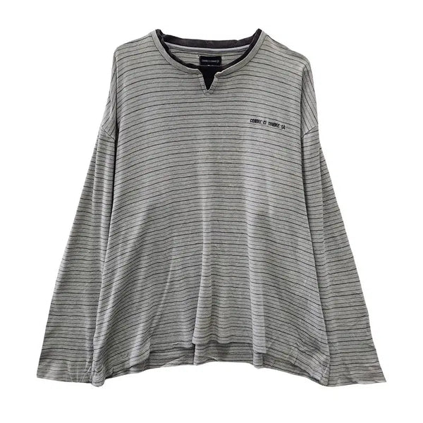 [BUNJANG] COMME CI COMME CA Layered Open Neck Striped Long Sleeve Light Grey T-Shirt L / COMME CI COMME CA 레이어드 오픈넥 스트라이프 라이트 그레이 긴팔 티 L