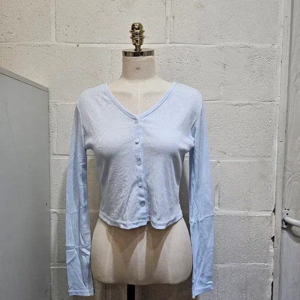 [BUNJANG] Soft Cropped Button Cardigan Long Sleeve - Sky Blue / 부드러운 크롭 단추 가디건 긴팔- 하늘색