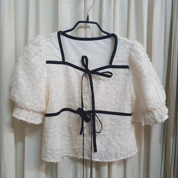 [BUNJANG] White Puff Sleeve Square Neck Ribbon Blouse / 화이트 퍼프 소매 스퀘어넥 리본 블라우스