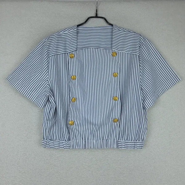 [BUNJANG] Women's Striped Gold Button Short Sleeve Blouse (S) / 여성 스트라이프 금장 버튼 숏 반팔 블라우스(S)