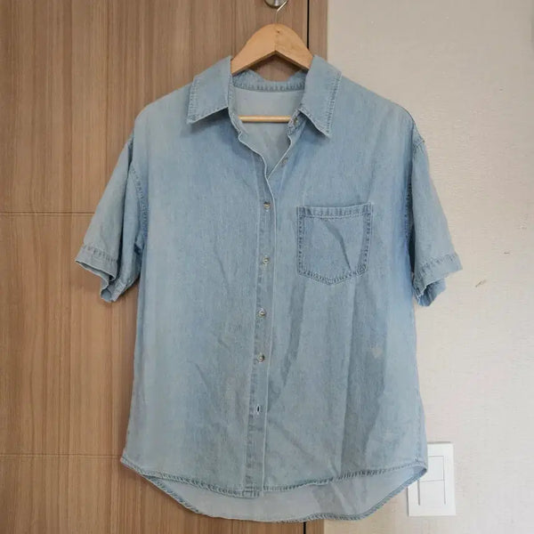 [BUNJANG] Vintage Light Blue Denim Short Sleeve Shirt / 빈티지 연청 데님 셔츠