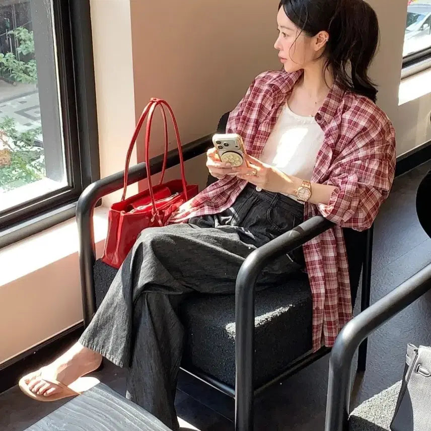 [BUNJANG] Byciny Check Summer Shirt (Red) / 바이씨니 제작 체크썸머셔츠(레드)새상품