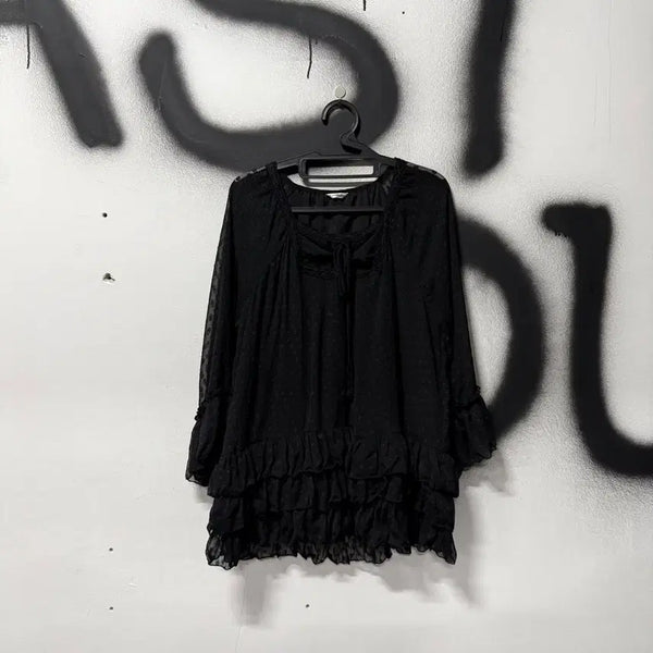 [BUNJANG] Vintage Gothic Black Dot Chiffon Ruffle Tiered Blouse / VTG 빈티지 고스 블랙 도트 쉬폰 프릴 캉캉 블라우스