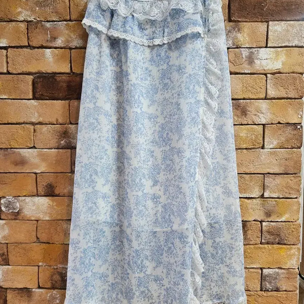 [BUNJANG] LUNALUZ Sky Blue Floral Long Skirt / LUNALUZ 하늘색 꽃무늬 롱 스커트
