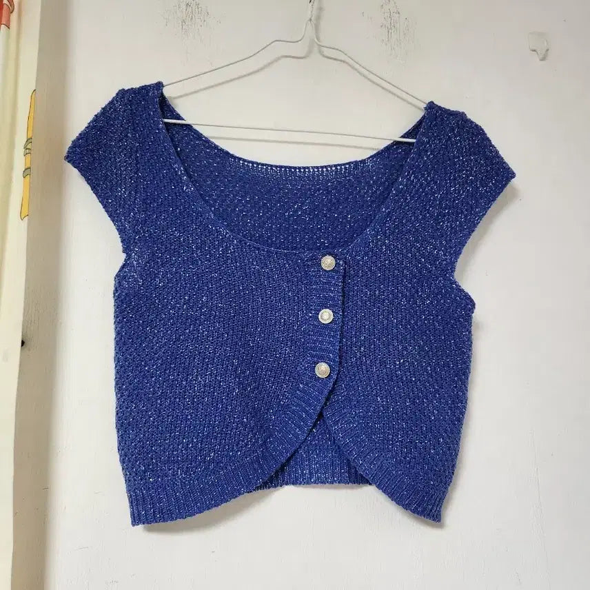 [BUNJANG] Blue Short Sleeve Knit Cardigan Vest / 블루 반팔 니트 가디건 니트 조끼 F
