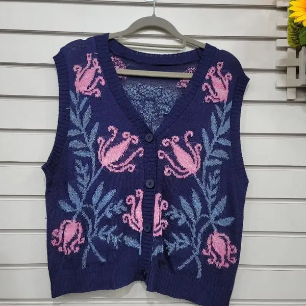 [BUNJANG] Floral Pattern V-Neck Knit Vest / #여성의류네이비 색상에 핑크와 블루 플라워 패턴이 매력적인 니트 조끼