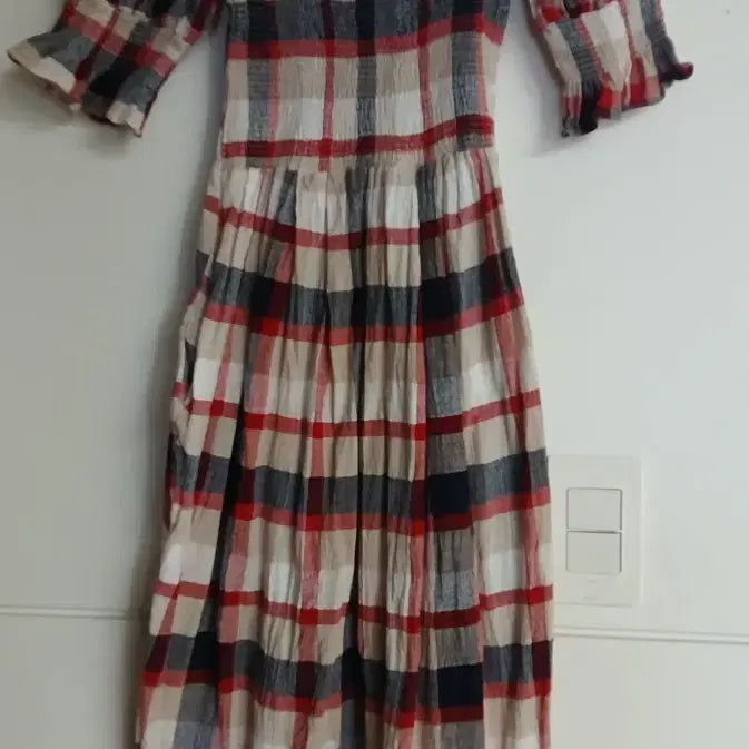 [BUNJANG] Red Check V-Neck Midi Dress / 브이넥 레드 체크 원피스 s