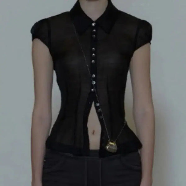 [BUNJANG] Sculptor Black See-Through Blouse / 스컬프터 블랙 시스루 블라우스