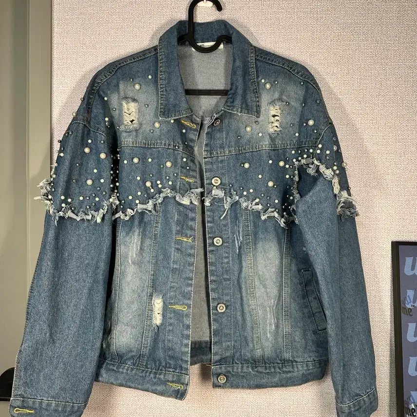 [BUNJANG] Jvim Pearl Embellished Denim Jacket / Jvim 진주 데미지 청자켓