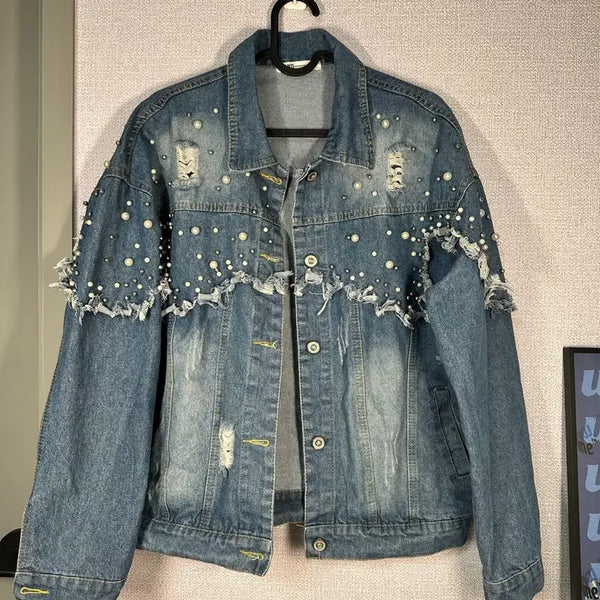 [BUNJANG] Jvim Pearl Embellished Denim Jacket / Jvim 진주 데미지 청자켓
