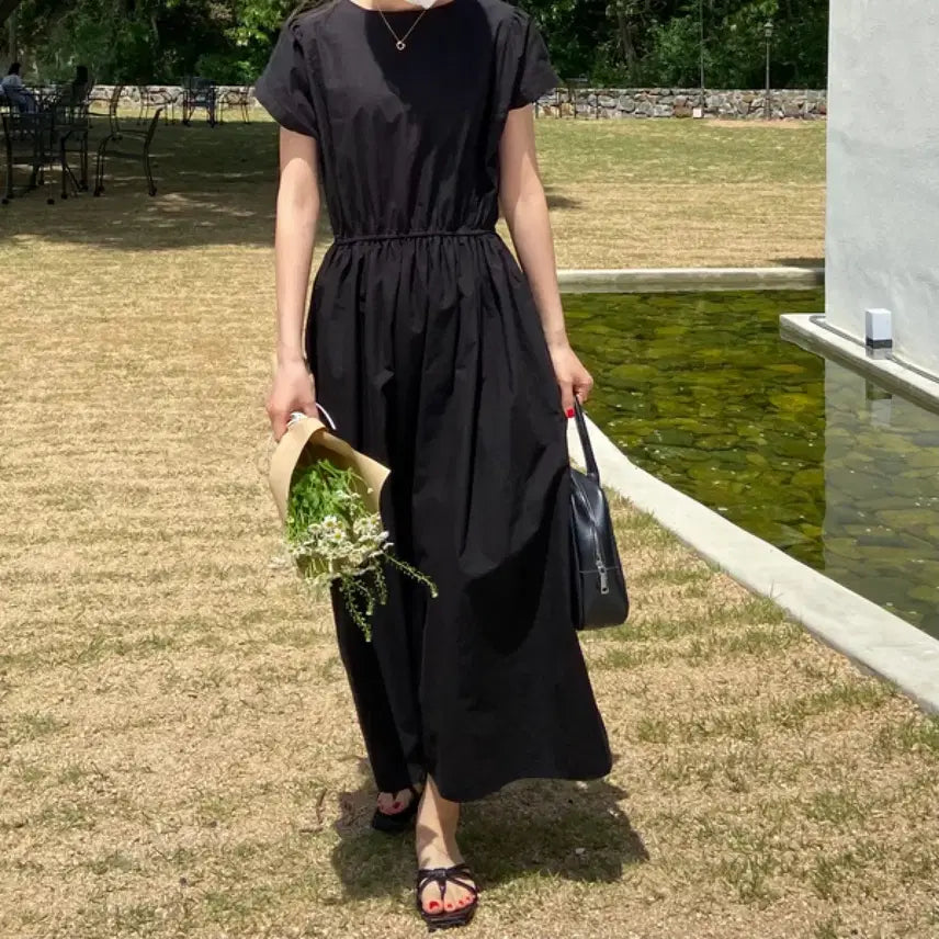 [BUNJANG] Black Button String Long Dress / 백버튼 블랙 스트링 롱 원피스