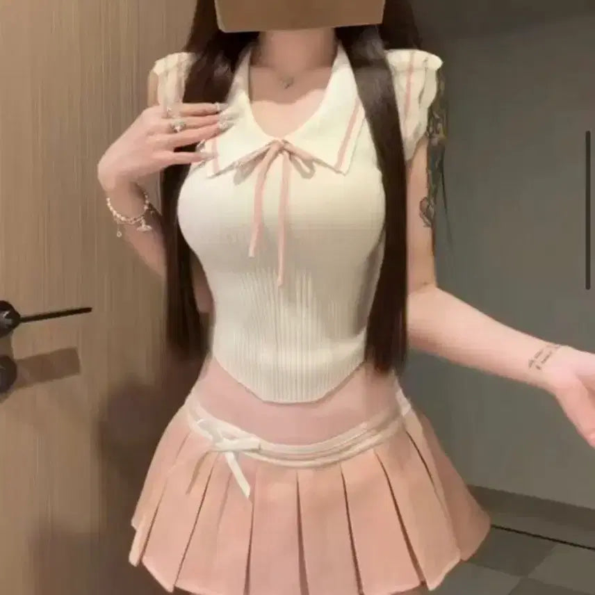[BUNJANG] White Ribbon Top + Pleated Mini Skirt Set / [새상품/무료배송]화이트 리본 탑+플리츠 미니스커트 핑크