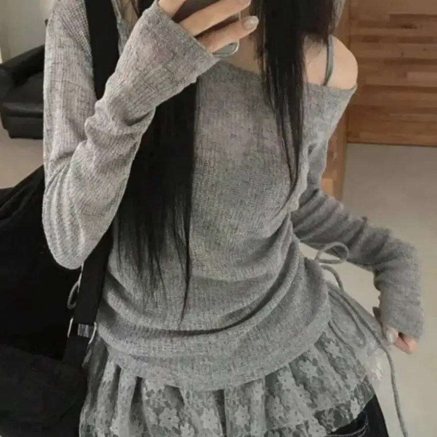 [BUNJANG] Sheer Lace Long Sleeve Knit Set / 여자 봄 가을 시스루 레이스 긴팔 니트 세트