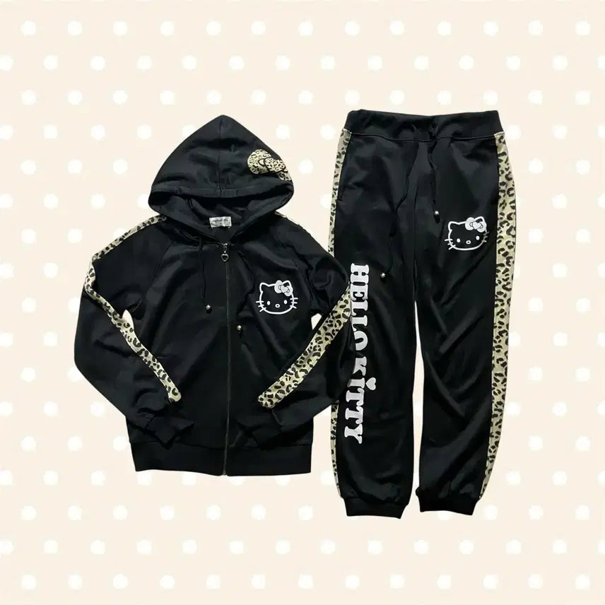 [BUNJANG] Hello Kitty Leopard Print Jersey Hoodie Training Set / 갸루 헬로키티 져지 후드집업 트레이닝 세트 레오파드 Hello Kitty