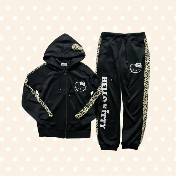 [BUNJANG] Hello Kitty Leopard Print Jersey Hoodie Training Set / 갸루 헬로키티 져지 후드집업 트레이닝 세트 레오파드 Hello Kitty