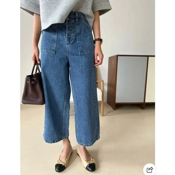 [BUNJANG] Button Pocket Denim Pants - Medium Blue, M / 버튼 포켓 데님 팬츠 -중청,M