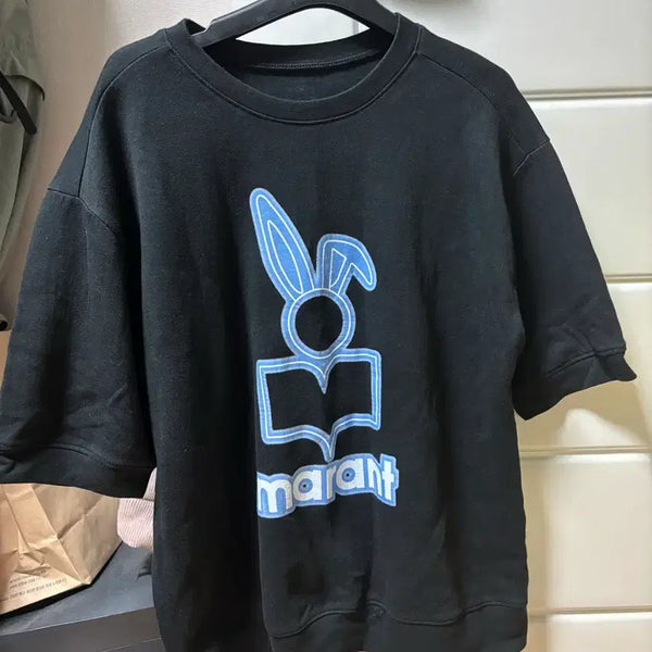 [BUNJANG] Rabbit Graphic Short Sleeve Sweatshirt Black / 토끼 반팔 맨투맨 블랙
