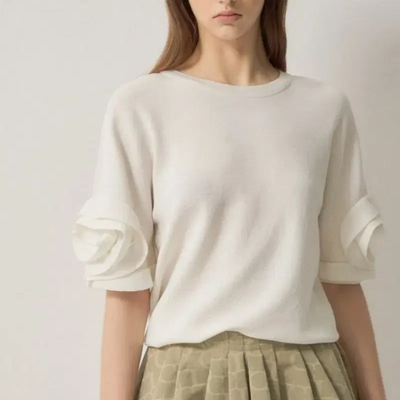 [BUNJANG] Lanvin Collection Wool Blend Panel Sleeve Knit Top - Ivory / 한섬 랑방컬렉션 울 블렌드 패널 슬리브 니트 탑. 새상품