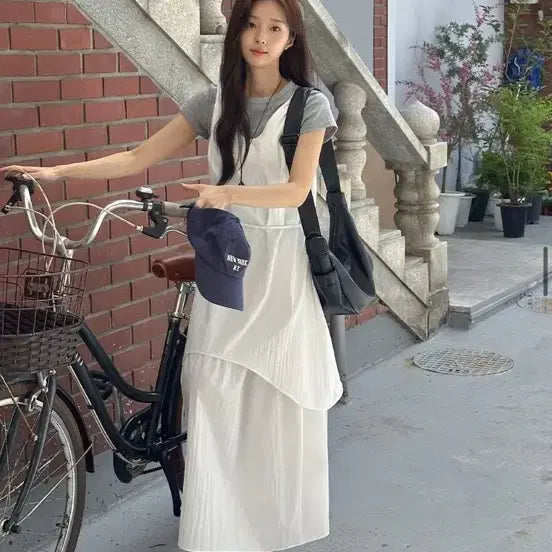 [BUNJANG] Layered Long Dress - White / 사선 레이어드 롱 원피스 화이트