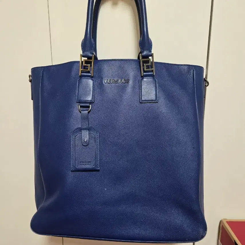 [BUNJANG] Versace Blue Leather Large Tote Bag / 정품 베르사체 VERSACE 블루 레더 대형 토트백 / Made in Italy