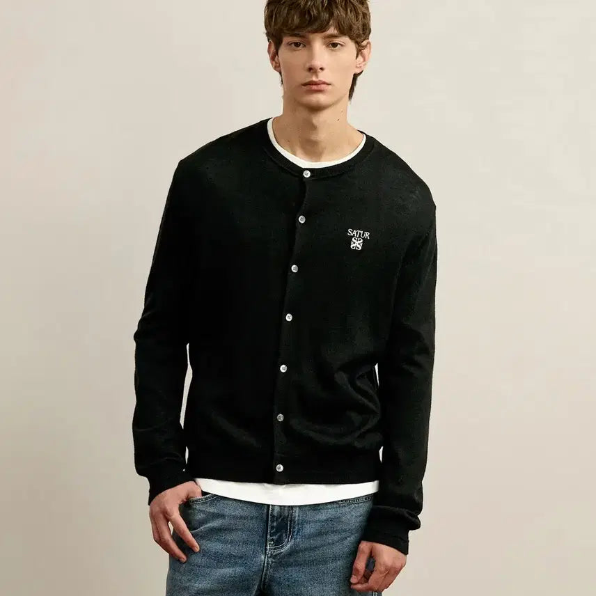 [BUNJANG] Satur Loren Basic Crewneck Fine Cardigan Black / 세터 로렌 베이직 크루넥 파인 가디건 블랙