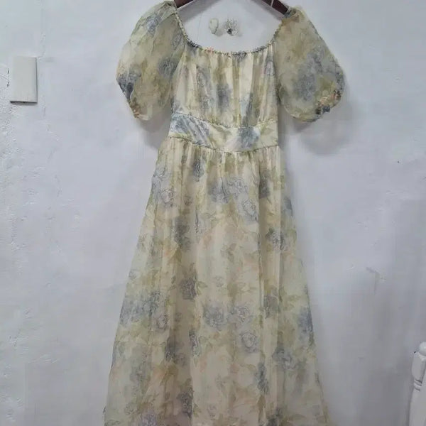 [BUNJANG] Floral Square Neck Puff Sleeve Dress / 플로럴 스퀘어넥 퍼프 소매 원피스