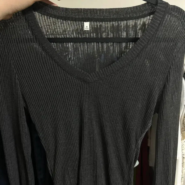 [BUNJANG] Ribbed V-Neck Long-Sleeve Knit - Charcoal / 골지 브이넥 긴팔 니트 차콜