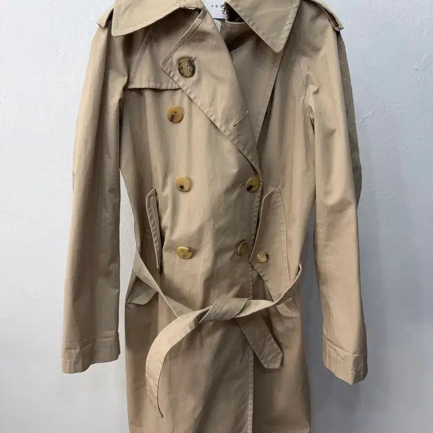 [BUNJANG] Sandro Women's Beige Double-Button Trench Coat / 정품) 산드로 여성 베이지색 더블 버튼 트렌치 코트 36(66)