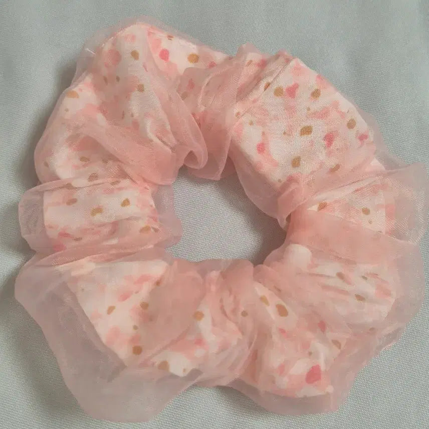 [BUNJANG] Satin Chiffon Floral Scrunchie - Pink / 새틴 쉬폰 꽃무늬 곱창 밴드 핑크