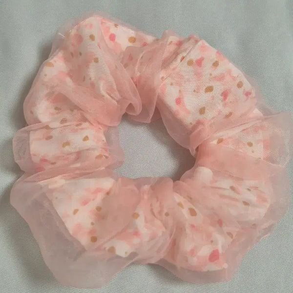 [BUNJANG] Satin Chiffon Floral Scrunchie - Pink / 새틴 쉬폰 꽃무늬 곱창 밴드 핑크