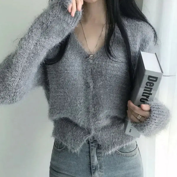 [BUNJANG] Angora V-Neck Cardigan / 브이넥 앙고라 가디건