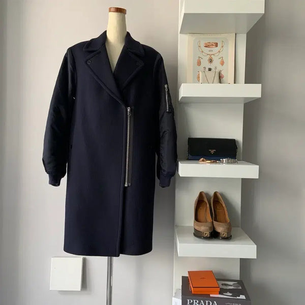 [BUNJANG] Sandro Navy Wool Hybrid Midi Coat / [55] 산드로(Sandro) 네이비 울 하이브리드 미디 코트